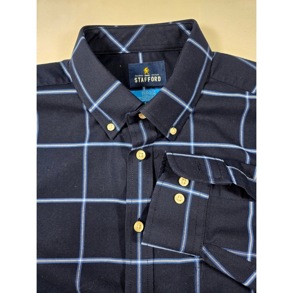 Stafford Coolmax Mens Large Regular Fit Navy Blue Windowpane Plaid Button Down